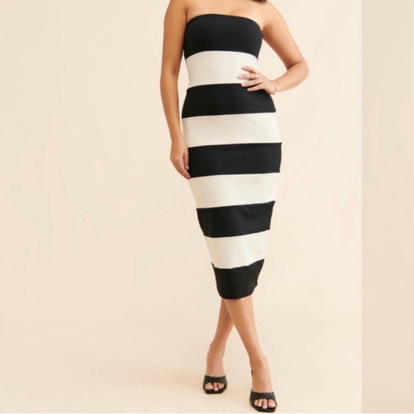 NWT Susana Monaco REVOLVE Mid Length Striped Tube Dress Tan / Black Size Medium - Picture 1 of 5